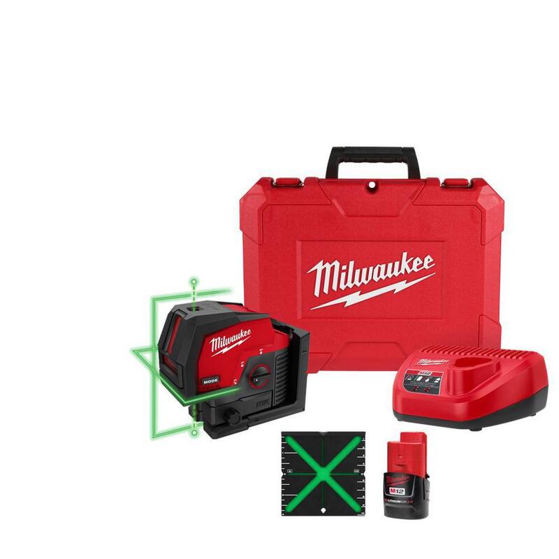 Milwaukee M12 12-Volt Lithium-Ion Cordless Green 125 ft. Cross Line and Plumb Points Laser Level Kit with 3.0 Ah Battery - 3622-21