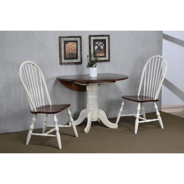 Sunset Trading 42 in. Round Drop Leaf Dining Set in Antique White with Chestnut Top Napoleon Chairs - 3 Piece - DLU-ADW4242-C30-AW3PC
