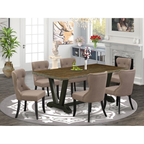 East West Furniture 7 Piece V-Style Kitchen Dining Set - Wire Brushed Black - V677SI648-7