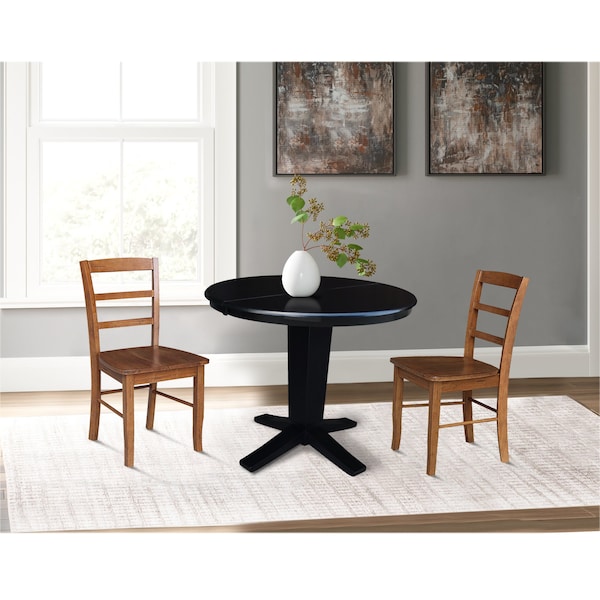 International Concepts 36 in. Solid Wood Round Extension Dining Table with 2 Chairs in Black/Distressed Oak - K46-36RXT-23-C42-2-2