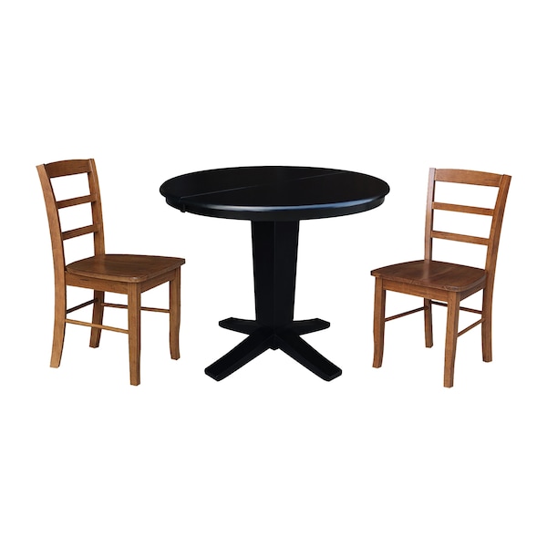 International Concepts 36 in. Solid Wood Round Extension Dining Table with 2 Chairs in Black/Distressed Oak - K46-36RXT-23-C42-2-2