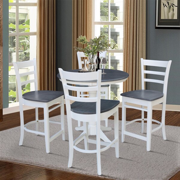 International Concepts 36 in. Solid Wood Round Top Pedestal Counter Height Dining Table with 4 Stools, White/Heather Gray - K05-36RT-27B-S6172-4