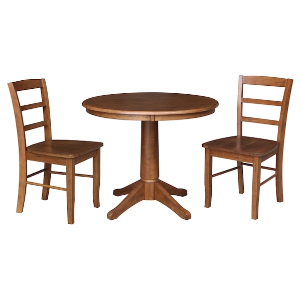 International Concepts 36 in. Round Top Pedestal Dining Table with 2 Madrid LadderBack Chairs - 3 Piece Dining Set - K42-36RT-27B-C2-2