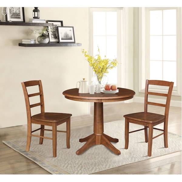 International Concepts 36 in. Round Top Pedestal Dining Table with 2 Madrid LadderBack Chairs - 3 Piece Dining Set - K42-36RT-27B-C2-2
