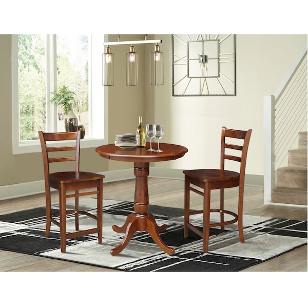 International Concepts 30 in. Round Pedestal Gathering Height Table with 2 Counter Height Stools - K581-30RT-S6172-2