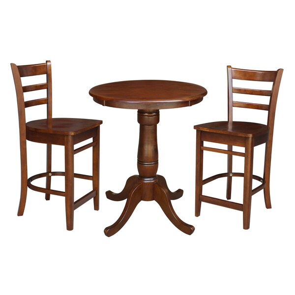 International Concepts 30 in. Round Pedestal Gathering Height Table with 2 Counter Height Stools - K581-30RT-S6172-2