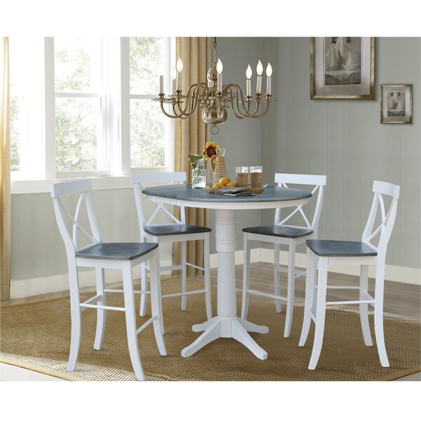 International Concepts Round 36 in Rd Extend Dining Table, 4 X-back Bar Ht Stools, White/Heather Gray, 36 in W, 48 in L - K05-36RXT-27B-S6133-4