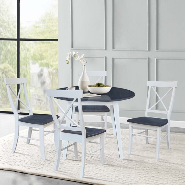 International Concepts 42 in. Solid Wood Round Dual Drop Leaf Dining Table with 4 Chairs in White/Heather Gray - K05-42DL-C613-4
