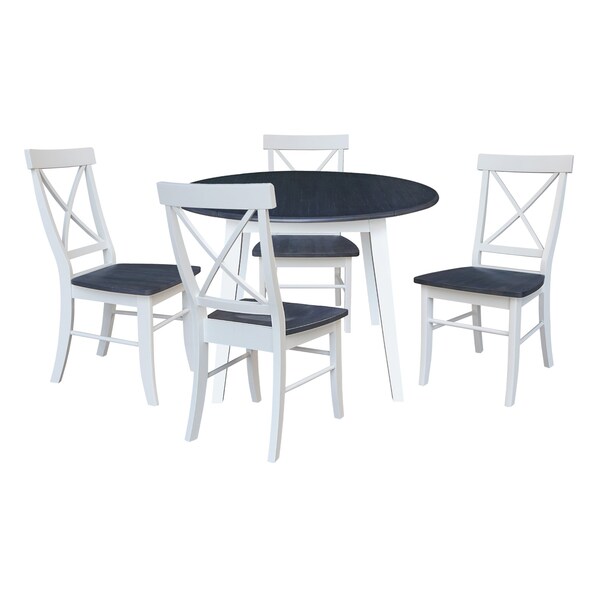 International Concepts 42 in. Solid Wood Round Dual Drop Leaf Dining Table with 4 Chairs in White/Heather Gray - K05-42DL-C613-4