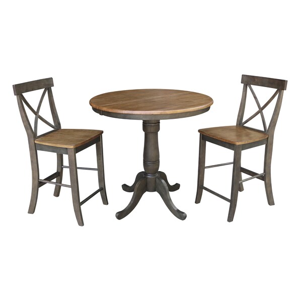 International Concepts Round 36 in Rd Extension Dining Table, 2 RTA Counter Ht Stools, Hickory/Coal, 36 in W, 48 in L, Wood - K45-36RXT-6B-S6132-2