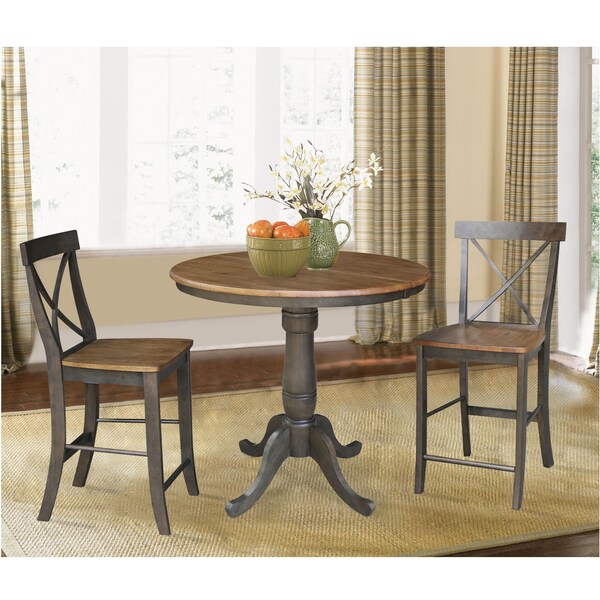 International Concepts Round 36 in Rd Extension Dining Table, 2 RTA Counter Ht Stools, Hickory/Coal, 36 in W, 48 in L, Wood - K45-36RXT-6B-S6132-2