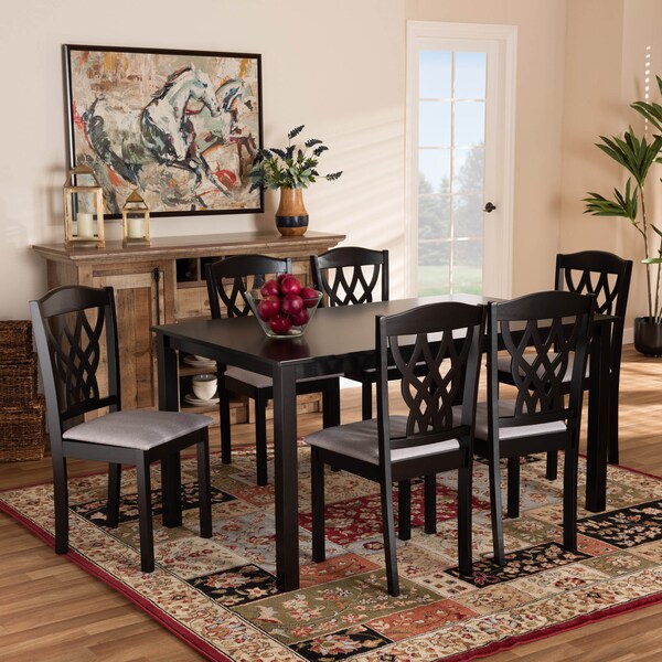 Baxton Studio Salem Grey Upholstered and Dark Brown Finished Wood 7-Piece Dining Set - 171-10952-10519