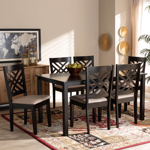 Baxton Studio Caron Sand Upholstered Espresso Brown Finished Wood 7-Piece Dining Set - 162-10525-10519