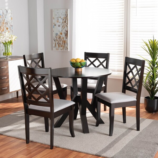 Baxton Studio Adina Grey Upholstered and Dark Brown Finished Wood 5-Piece Dining Set - 173-9726-10900