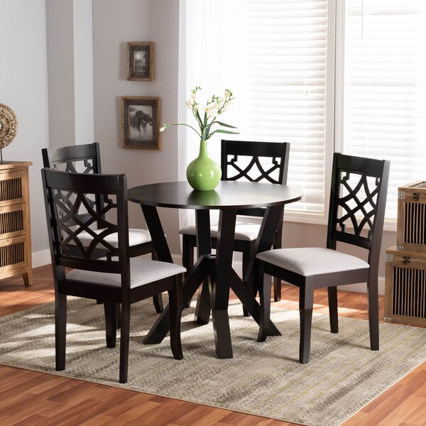 Baxton Studio Alisa Grey Upholstered and Dark Brown Finished Wood 5-Piece Dining Set - 172-9728-10900