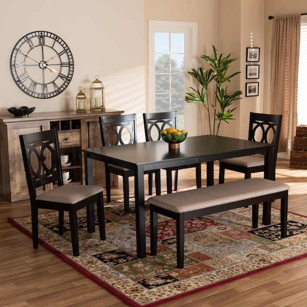 Baxton Studio Bennett Sand Upholstered and Dark Brown Wood 6-Piece Dining Set - 172-9399-10916-10519
