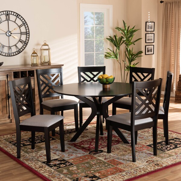Baxton Studio Norah Grey Upholstered and Dark Brown Finished Wood 7-Piece Dining Set - 172-10526-10894