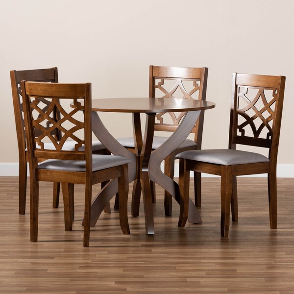 Baxton Studio Sandra Grey Upholstered and Walnut Wood 5-Piece Dining Set - 172-9875-10901