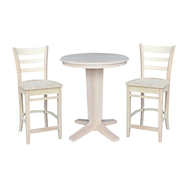 International Concepts 30 in. Solid Wood Round Top Pedestal Dining Table with 2 Counter Height Stools, Unfinished - K-30RT-23B-S6172-2