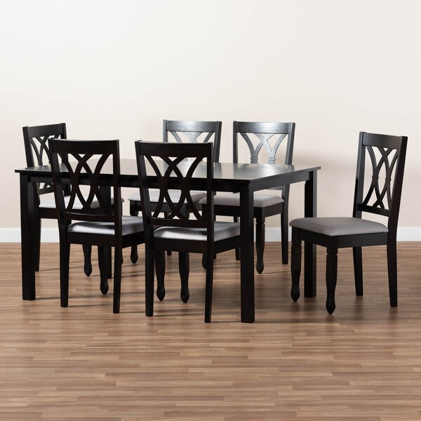 Baxton Studio Reneau Grey Upholstered Espresso Wood 7-Piece Dining Set - 162-10528-10519