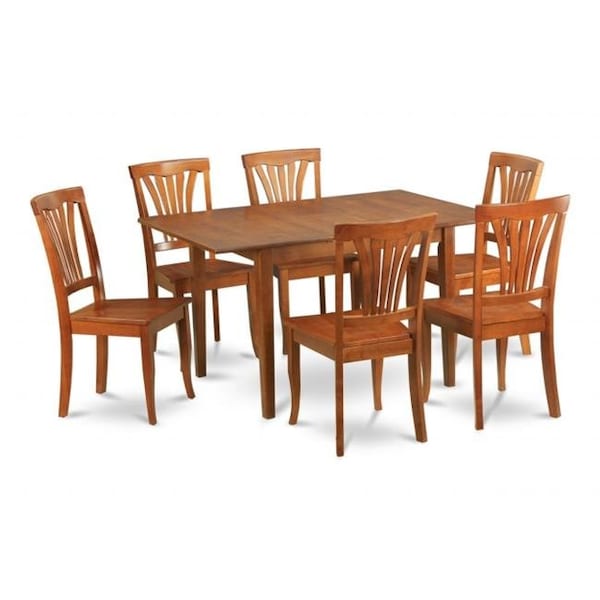East West Furniture East West Furniture PSAV7-SBR-W 7Pc Set Picasso Table with 12 in butterfly leaf and 6 Avon wood seat chairs - PSAV7-SBR-W