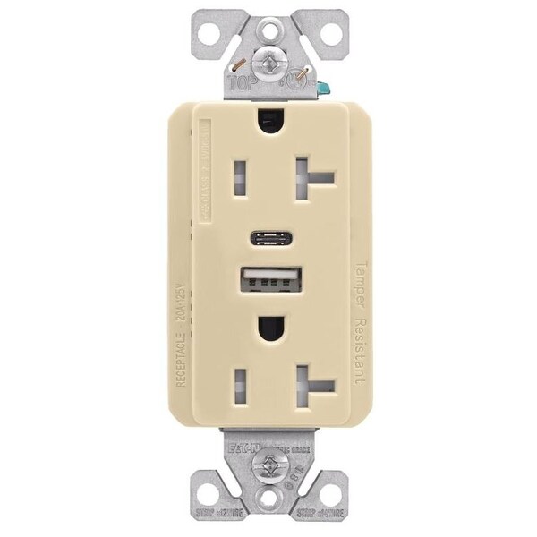 Eaton Wiring Devices TRUSBAC20 Receptacle, 2 Pole, 5 A, 125 VAC, 2 USB Port, Type A, C USB, Ivory - TRUSBAC20V-K-L