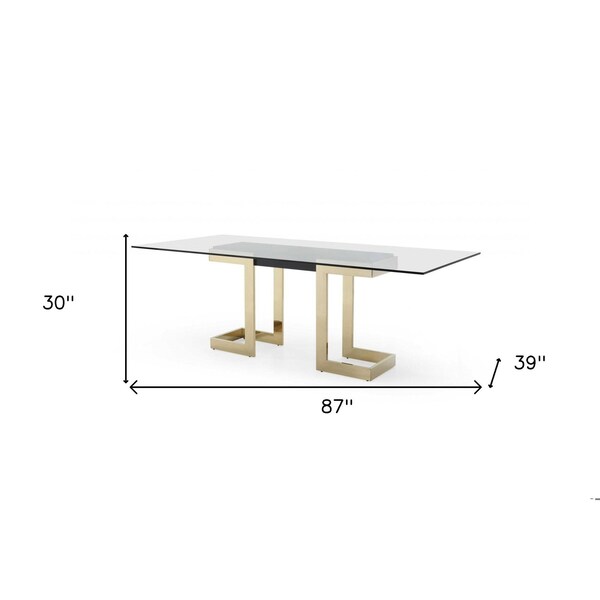 Homeroots 30 x 87 x 39 in. Glass Stainless Steel Dining Table, Polished Gold - 370725