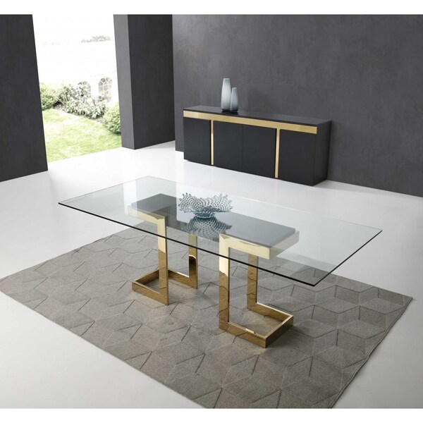 Homeroots 30 x 87 x 39 in. Glass Stainless Steel Dining Table, Polished Gold - 370725