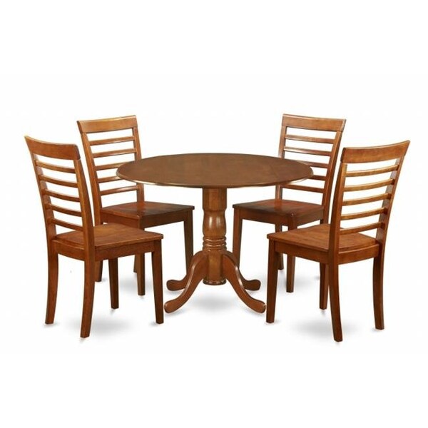 East West Furniture East West Furniture DLML5-SBR-W 5PC Kitchen Round Table with 2 Drop Leaves and 4 Ladder-back Chairs with wood Seat - DLML5-SBR-W