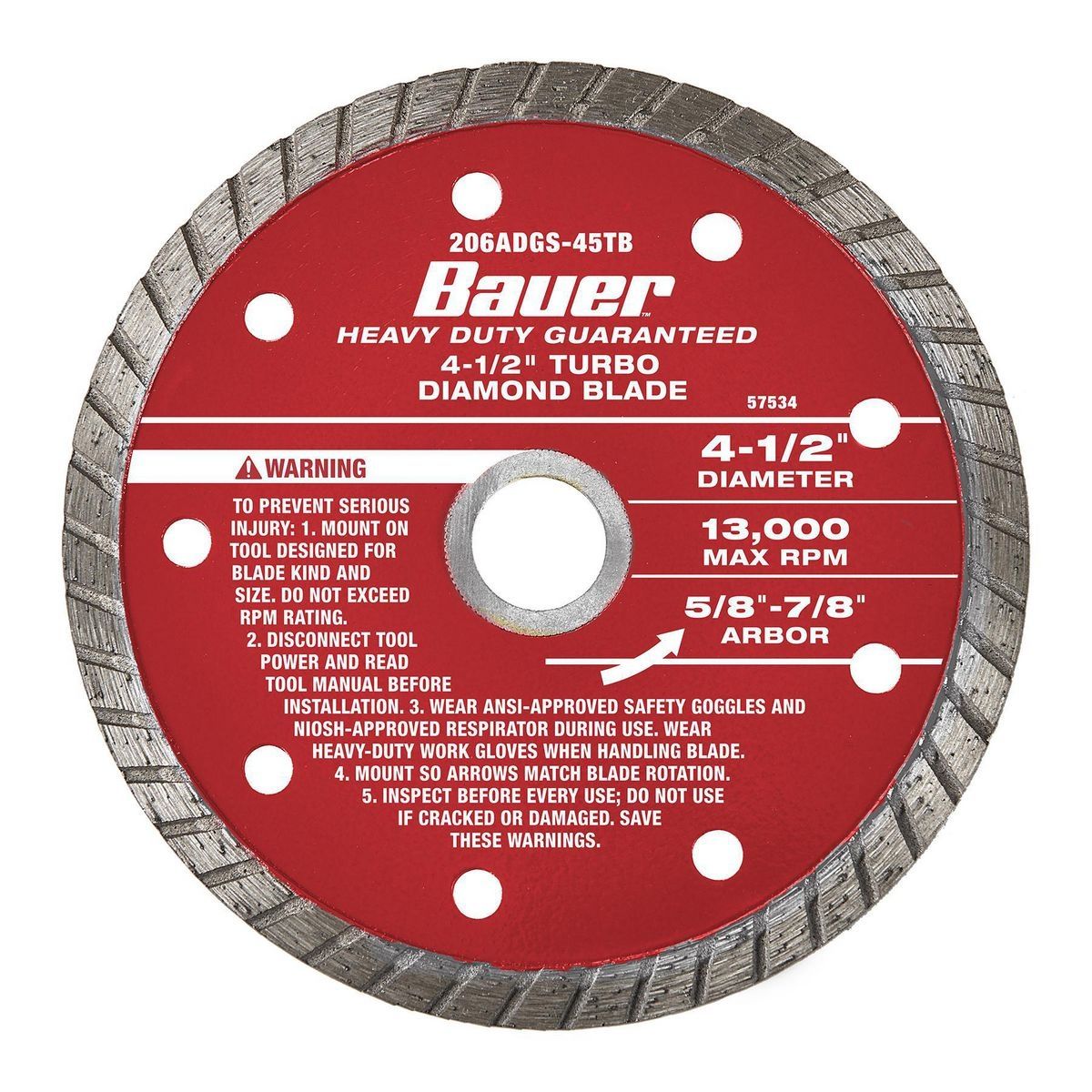 Hoja de sierra de diamante de corte húmedo o seco con borde turbo de 4-1/2 pulgadas de Bauer - 57534