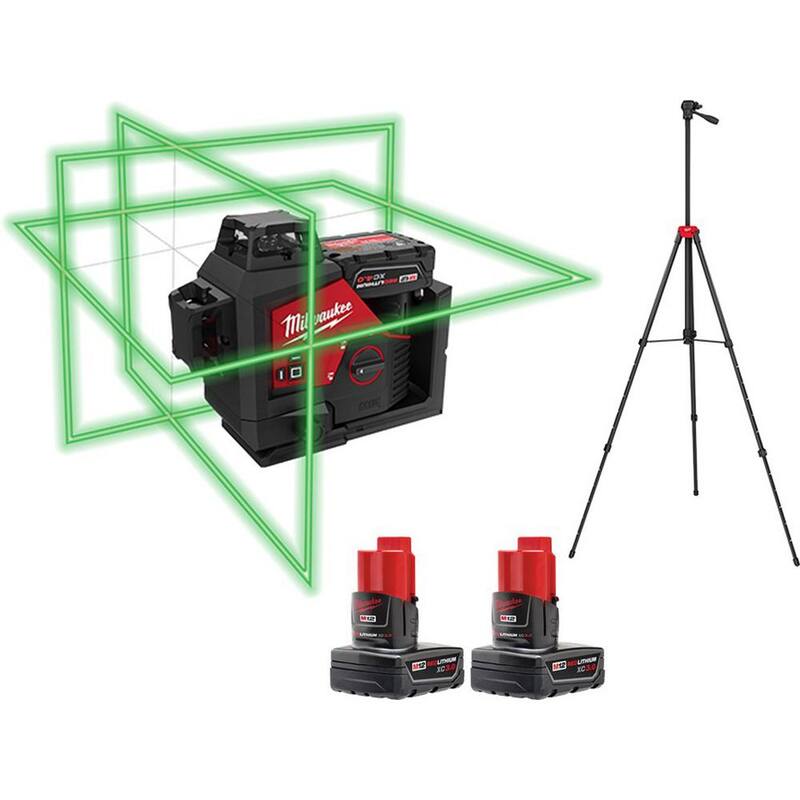 Milwaukee M12 12-Volt Lithium-Ion Cordless Green 250 ft. 3-Plane Laser Level Kit with 3 Batteries, Charger, Case and Tripod - 3632-21-48-11-2412-48-35-1411