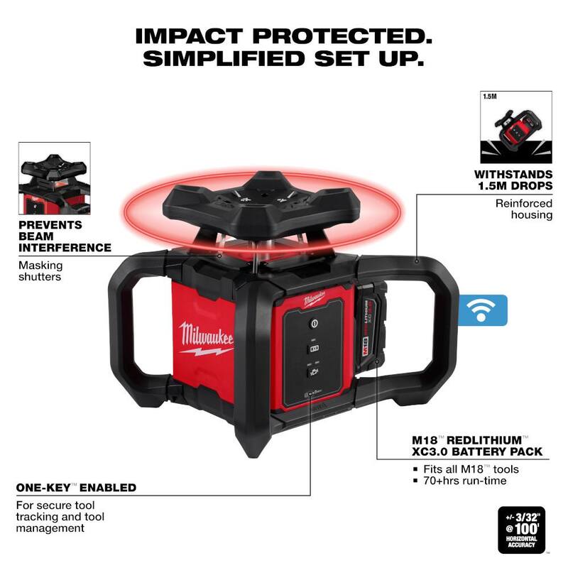 Milwaukee M18 2000 ft. Red Exterior Rotary Laser Level Kit with Receiver with Rotary Laser Wall Mount - 3701-21-48-35-3702