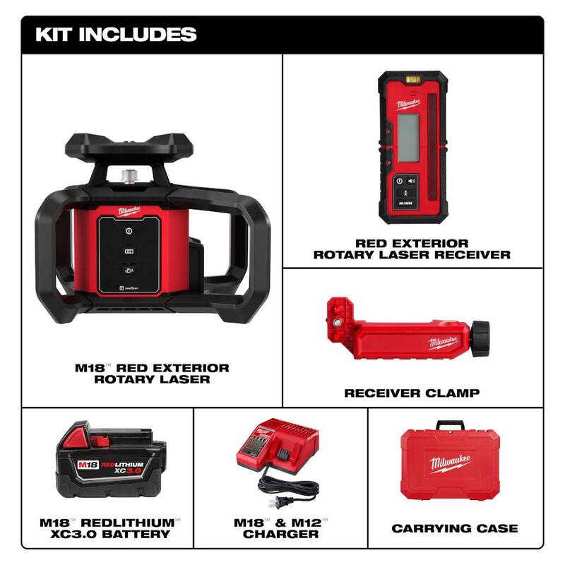 Milwaukee M18 2000 ft. Red Exterior Rotary Laser Level Kit with Receiver with Rotary Laser Wall Mount - 3701-21-48-35-3702