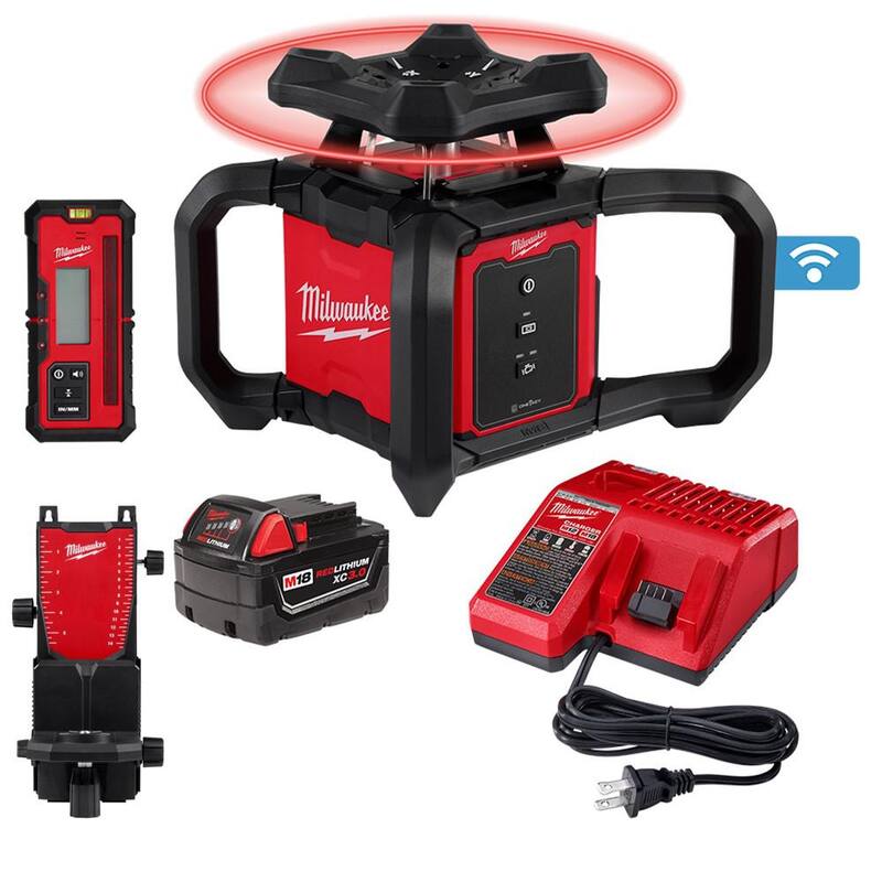 Milwaukee M18 2000 ft. Red Exterior Rotary Laser Level Kit with Receiver with Rotary Laser Wall Mount - 3701-21-48-35-3702