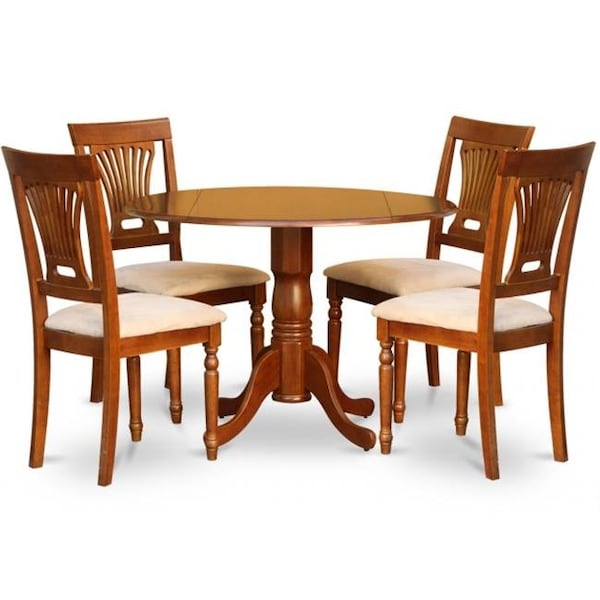 East West Furniture East West Furniture DLPL5-SBR-C 5PC Kitchen Round Table with 2 Drop Leaves and 4 Plainville chairs with cushion Seat - DLPL5-SBR-C