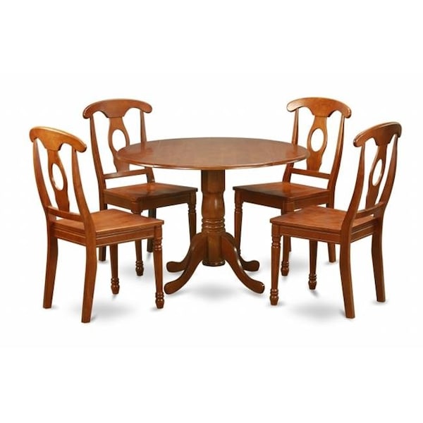 East West Furniture East West Furniture DLNA5-SBR-W 5PC Dinette Round Table with 2 Drop Leaves and 4 Chairs with Wood Seat - DLNA5-SBR-W