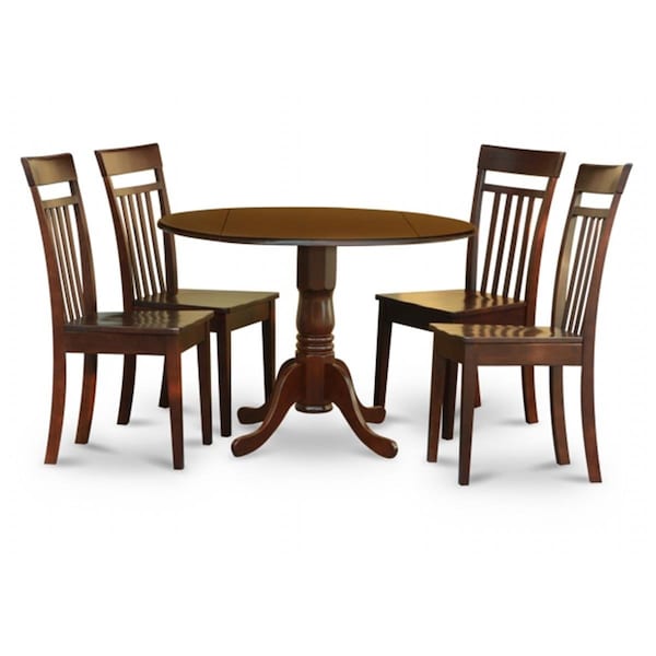 East West Furniture 5PC Kitchen Round Table with 2 Drop Leaves and 4 Slatted-back Chairs with Wood Seat - DLCA5-MAH-W
