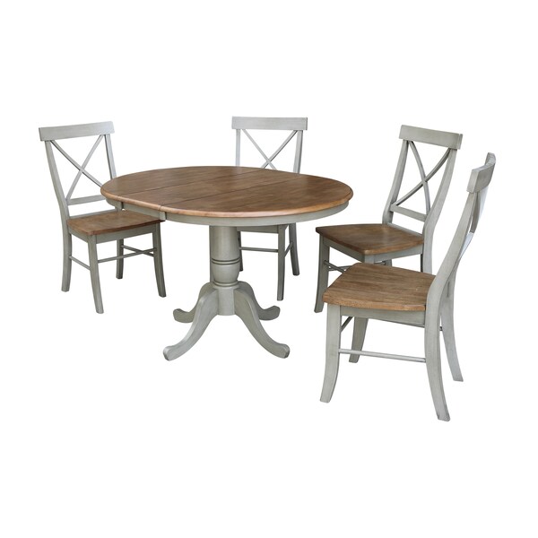 International Concepts Round 36 in Rd Extension Dining Table, 4 X-back Chairs, Hickory/Stone, 36 in W, 48 in L, 29.3 in H - K41-36RXT-C613-4