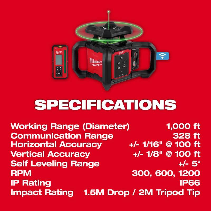 Milwaukee M18 1000 ft. Green Interior Rotary Laser Level Kit with Remote/Receiver, Wall Mount Bracket, and Receiver Clamp - 3702-21