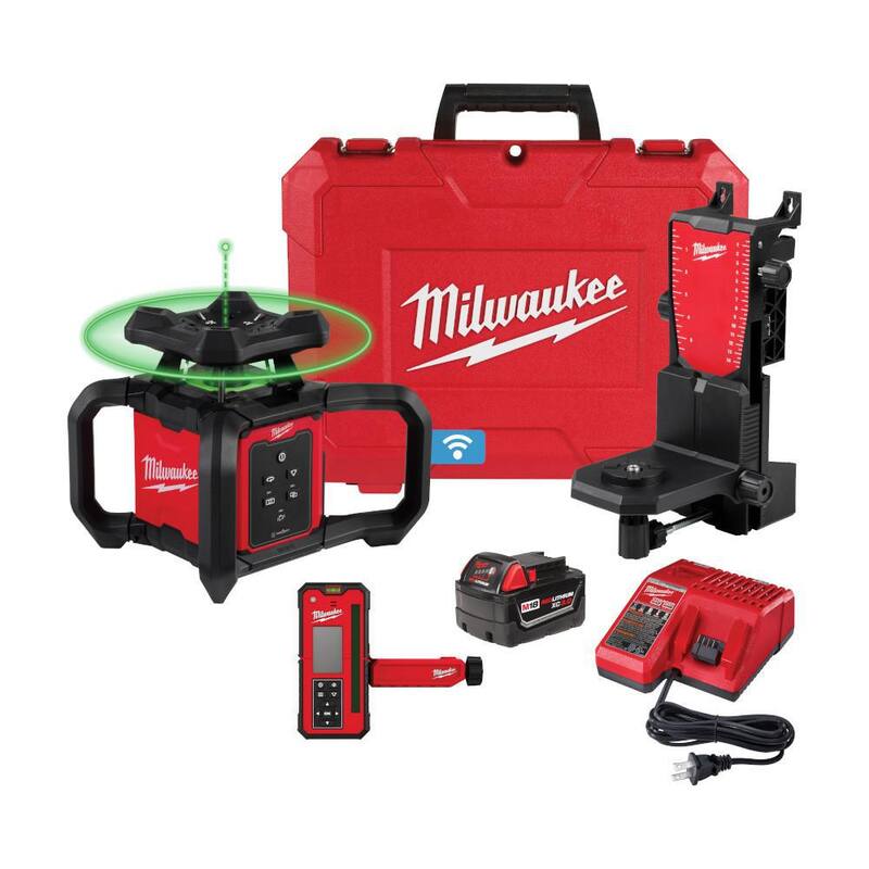 Milwaukee M18 1000 ft. Green Interior Rotary Laser Level Kit with Remote/Receiver, Wall Mount Bracket, and Receiver Clamp - 3702-21