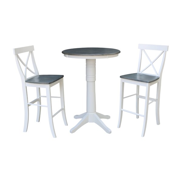 International Concepts Round 30 in Rd Pedestal Bar Ht Table, 2 X-Back Bar Ht Stools, White/Heather Gray, 30 in W, 30 in L - K05-30RT-27B-S6133-2