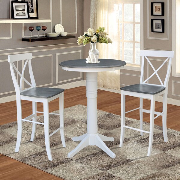 International Concepts Round 30 in Rd Pedestal Bar Ht Table, 2 X-Back Bar Ht Stools, White/Heather Gray, 30 in W, 30 in L - K05-30RT-27B-S6133-2