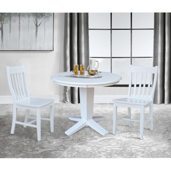 International Concepts 36 in. Solid Wood Round Top Pedestal Dining Table with 2 Chairs in White - K08-36RT-23B-C61-2