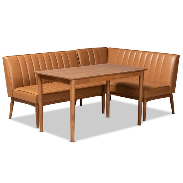 Baxton Studio Daymond Mid-Century Modern Tan Faux Leather and Walnut Brown Finished Wood 3-Piece Dining Nook Set - 186-11352-9305-ZORO