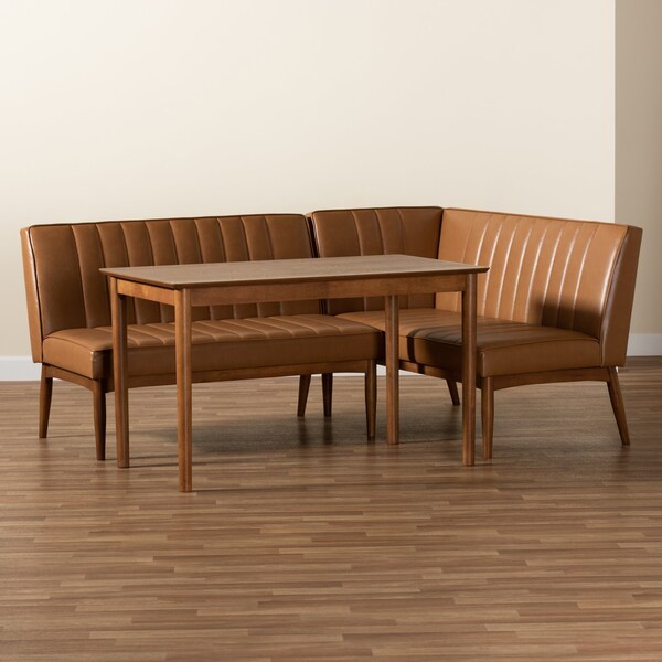 Baxton Studio Daymond Mid-Century Modern Tan Faux Leather and Walnut Brown Finished Wood 3-Piece Dining Nook Set - 186-11352-9305-ZORO