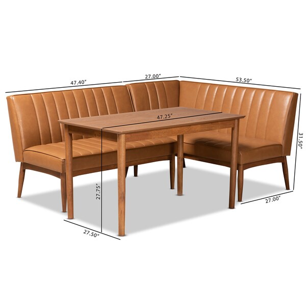 Baxton Studio Daymond Mid-Century Modern Tan Faux Leather and Walnut Brown Finished Wood 3-Piece Dining Nook Set - 186-11352-9305-ZORO