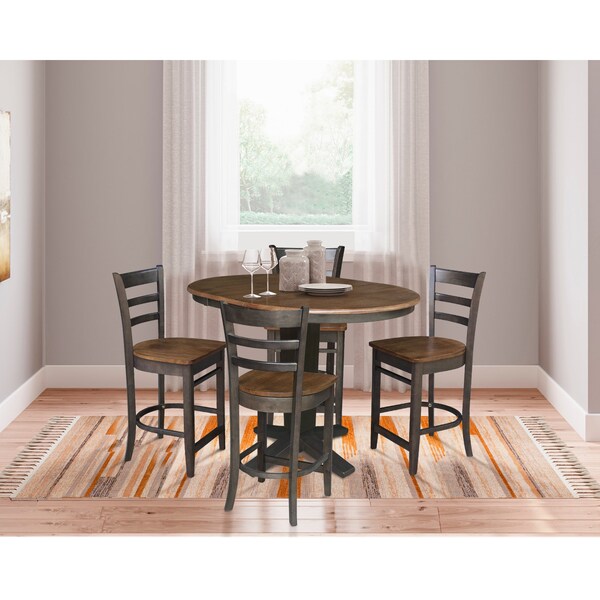 International Concepts 36 in. Solid Wood Round Extension Dining Table with 4 Counter Height Stools in Hickory/Washed Coal - K45-36RXT-23-S6172-4
