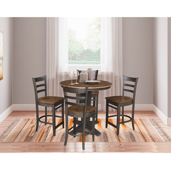 International Concepts 36 in. Solid Wood Round Extension Dining Table with 4 Counter Height Stools in Hickory/Washed Coal - K45-36RXT-23-S6172-4
