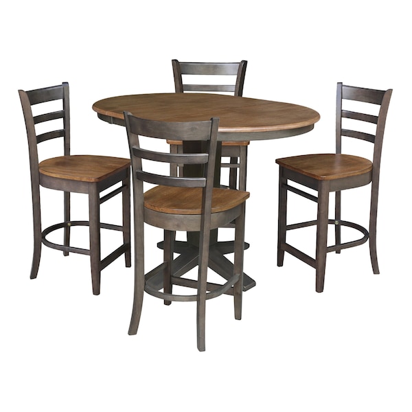 International Concepts 36 in. Solid Wood Round Extension Dining Table with 4 Counter Height Stools in Hickory/Washed Coal - K45-36RXT-23-S6172-4
