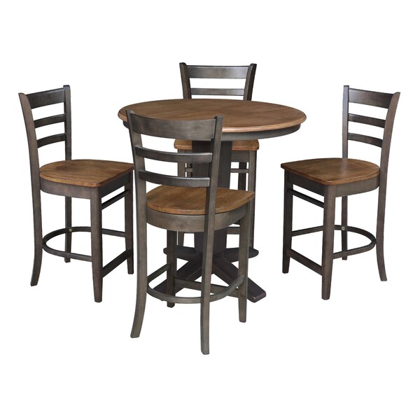 International Concepts 36 in. Solid Wood Round Extension Dining Table with 4 Counter Height Stools in Hickory/Washed Coal - K45-36RXT-23-S6172-4